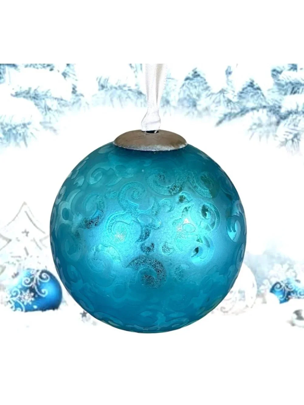 Vintage Large Aqua Blue Christmas Ornament Winter Snow Nostalgic White Ribbon